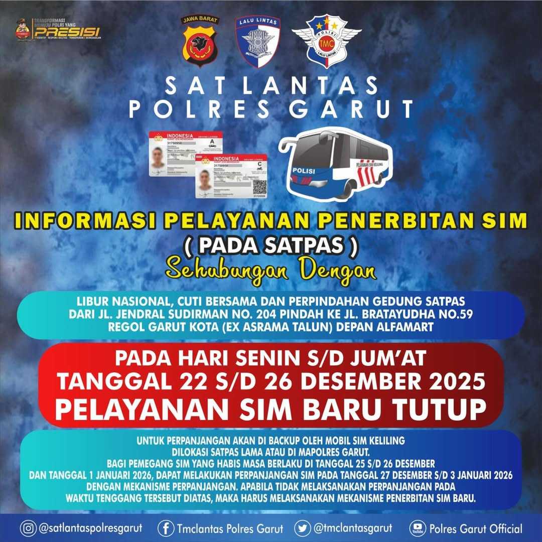 Catat! Jadwal Pelayanan SIM Satlantas Polres Garut Selama Libur Nataru 2025 dan Informasi Pindah Gedung Satpas